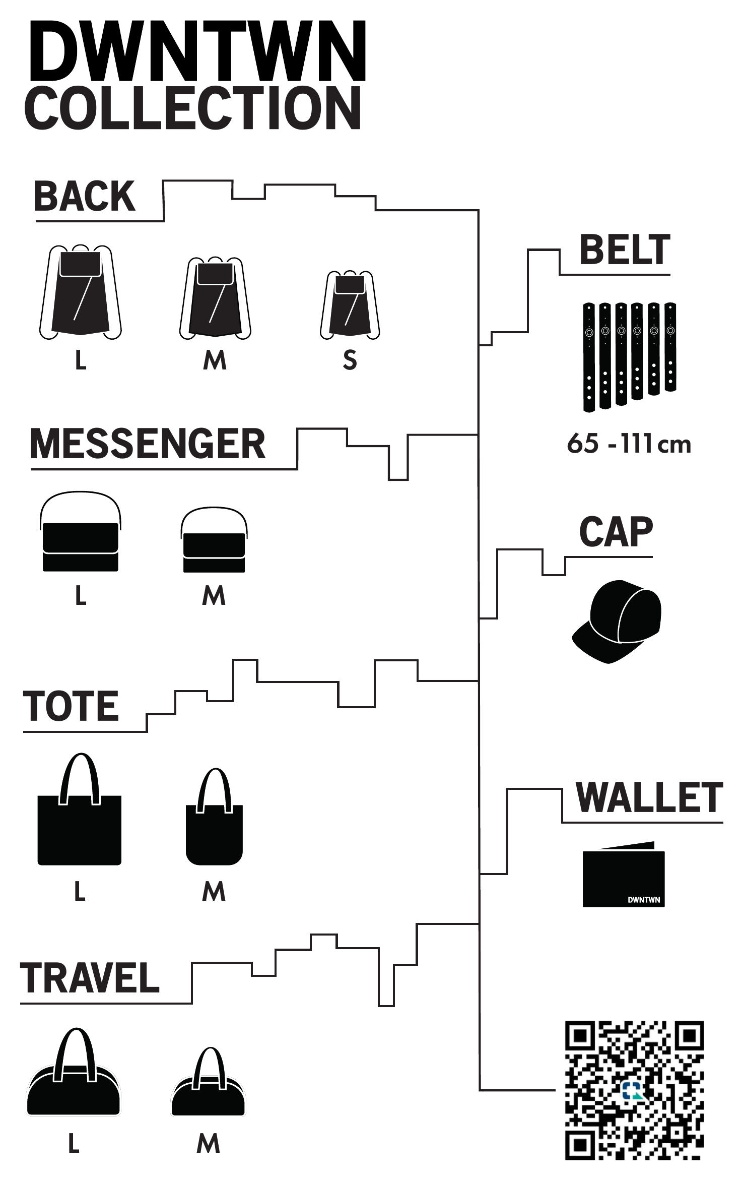 The DWNTWN collection: back, messenger, tote, travel, belt, cap, wallet